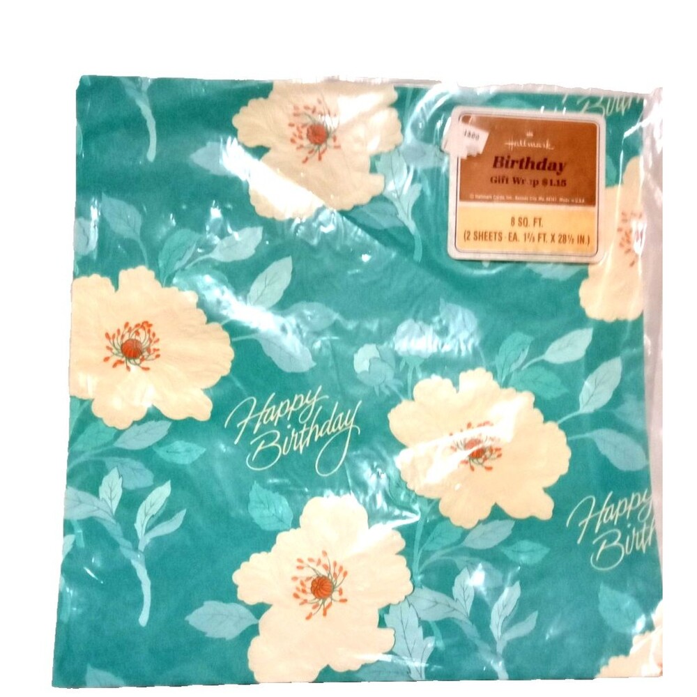Vintage Hallmark Birthday Wrapping Paper 2 Sheet  1 Ft. X 28 Inches Green White